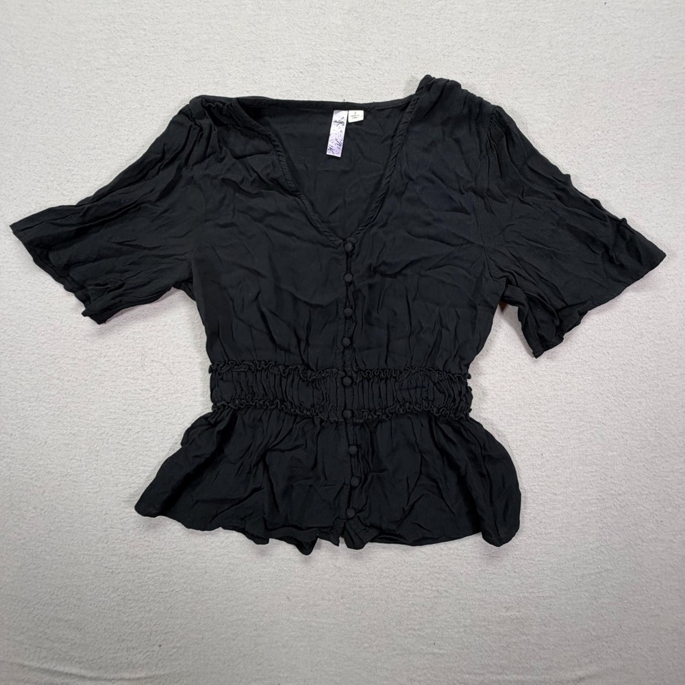 Alya Peplum Blouse Women Small Good Black Smocked Waist V-Neck